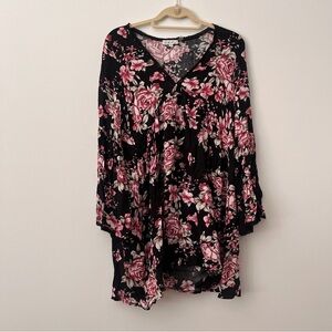 On The Road Black Pink Floral Flowy Boho Mini Dress